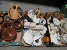 Three trays of ceramics to include a Fortnum and Mason bread crock