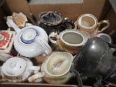 A tray of assorted vintage tea pots to include Saddlers examples A/F