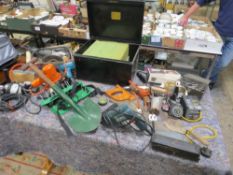 A box of tools to include power tools and hand tools etc. together with a vintage deed box