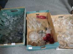 Three trays of assorted glassware to include perfume bottles