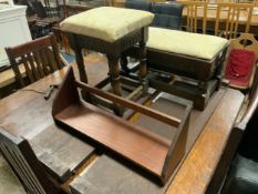 Two oak upholstered stools together with a mid century teak book shelf (3)