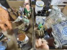 Two trays of ceramics to include Oriental figures