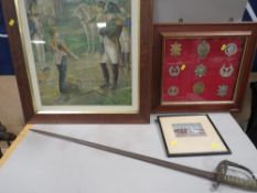 An antique sword A/F together with a framed and glazed display of 9 military badges and two framed