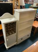 A modern white painted open bookcase and a small wine rack cabinet. (2)