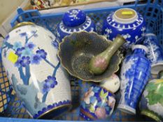 A box of mixed Oriental china, cloisonne, etc.,