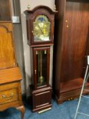 A reproduction Interclock of Belgium long case clock with moon roller and triple weight H 164 cm