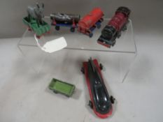 A vintage Meccano Dinky toys mini locomotive and carriages together with a tin plate car