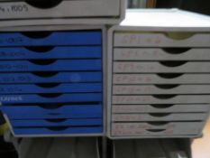 A paperwork organizer system and a wooden 2 drawer filing cabinet