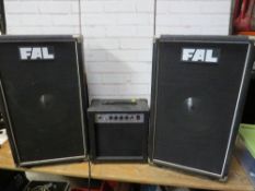 Two FAL disco DJ speakers and a Benson guitar
