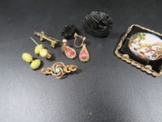 A antique type micro mosaic brooch depicting a waterfall in gilt metal mount A/F together with a