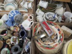 Four trays of assorted ceramics together with a tray of glassware to include a pewter lidded