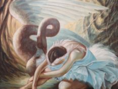 An oil depicting a young ballerina girl with a swan
