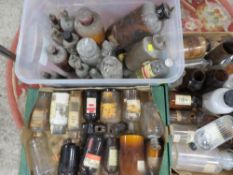 Three boxes of vintage apothecary / chemist bottles etc.