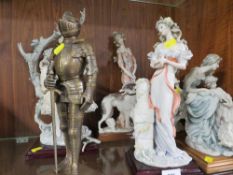 Five capo di monte / Leonardo style figurines together with a bronze effect figure of a knight (6)