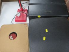 A modern red anglepoise style desk lamp together with two cased typewriters etc