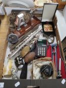 A tray of collectables to include microscope micrometer attachment, Negretti Zambra rotating