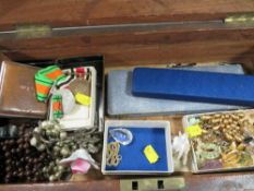 A wooden deeds type box to include medals, coins and costume jewellery