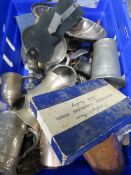 A tray of assorted metal ware to include a canteen of cutlery and contents