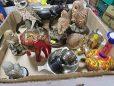 A tray of collectables to include Country Artists owl figures, Border Fine Arts cats walking