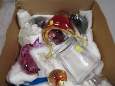 A tray of assorted glass to include animals, silver collared decanter etc.