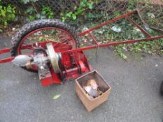 A petrol push along Allen scythe with a Villiers engine (vintage) plus a box of spare blades