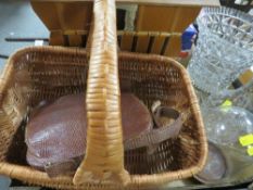 A tray of sundries to include cut glass vase, wicker basket etc