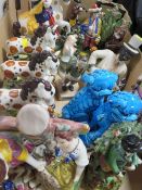 Two trays of assorted ceramics to include reproduction Staffordshire style flatback figures
