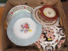 A tray of assorted plates to include Royal Crown Derby examples