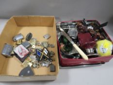 Two boxes of mixed collectables, to include lighters, RAF badges, watches etc