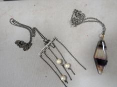 An antique blue john pendant necklace and vintage silver & cultured pearl necklace