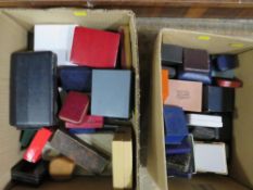Two boxes of antique and vintage jewellery boxes for rings, brooches, studs, etc.