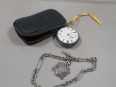 A hallmarked silver open faced pocket watch together with a hallmarked silver fob on a silver plated