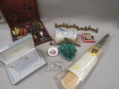 A tray of assorted collectables to include a Continental silver pill box and a signed limited