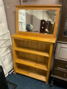 A modern light oak open bookcase W 98 cm with an oak wall mirror. (2)