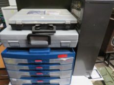 A selection of filing organiser boxes and tool boxes complete with contents