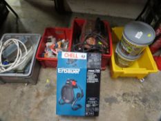 Four trays of items to include bulbs, lights, an electric welder and a boxed heavy duty fan heater