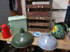 Two vintage wooden pop bottle crates, two vintage lights and some enamel ware