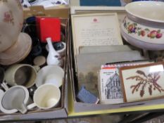 Three trays of sundries to include a Devon Fielding's jardinière, cameras, clocks barometer etc