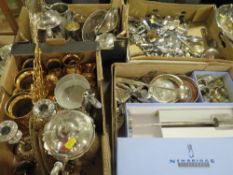 Five trays of assorted metal ware to include a pair of boxed Newbridge modernist style candlesticks,
