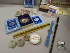 A box of collectables, including Masonic medals etc.,