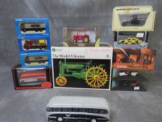 A MIXED BOX OF DIE CAST VEHICLES, to include boxed John Deere model A tractor, Universal Hobbies