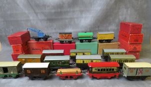 ELEVEN BOXED O GAUGE ROLLING STOCK, to include crane truck, flat truck milk traffic wagon, side