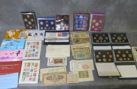 A COLLECTION OF COINS, BANK NOTES AND STAMPS, to include proof sets 1971, 1980, 1982, 1993, 1194