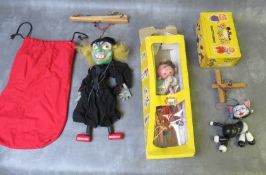 THREE PELHAM PUPPETS, boxed gypsy, boxed cat and rare unboxed green witch in red puppet bag (3)