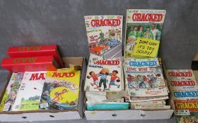 TWO TRAYS CONTAINING A SELECTION OF VINTAGE COMICS / MAGAZINES / PAPERBACK BOOKS, to include MAD and