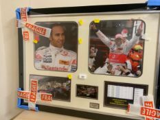 A framed Lewis Hamilton F1 montage to include a small model of the McLaren car