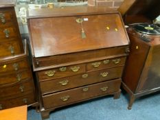 A Georgians mahogany country made bureau with nicely fitted interior, raised on bracket feet H 104