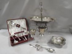 A box of assorted silver plated ware to include a small hallmarked silver trophy and a small