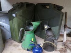 Two jerry cans together with two oil jugs etc