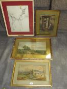 Three watercolours and a print of a deer, one watercolour signed, various artists and subjects all